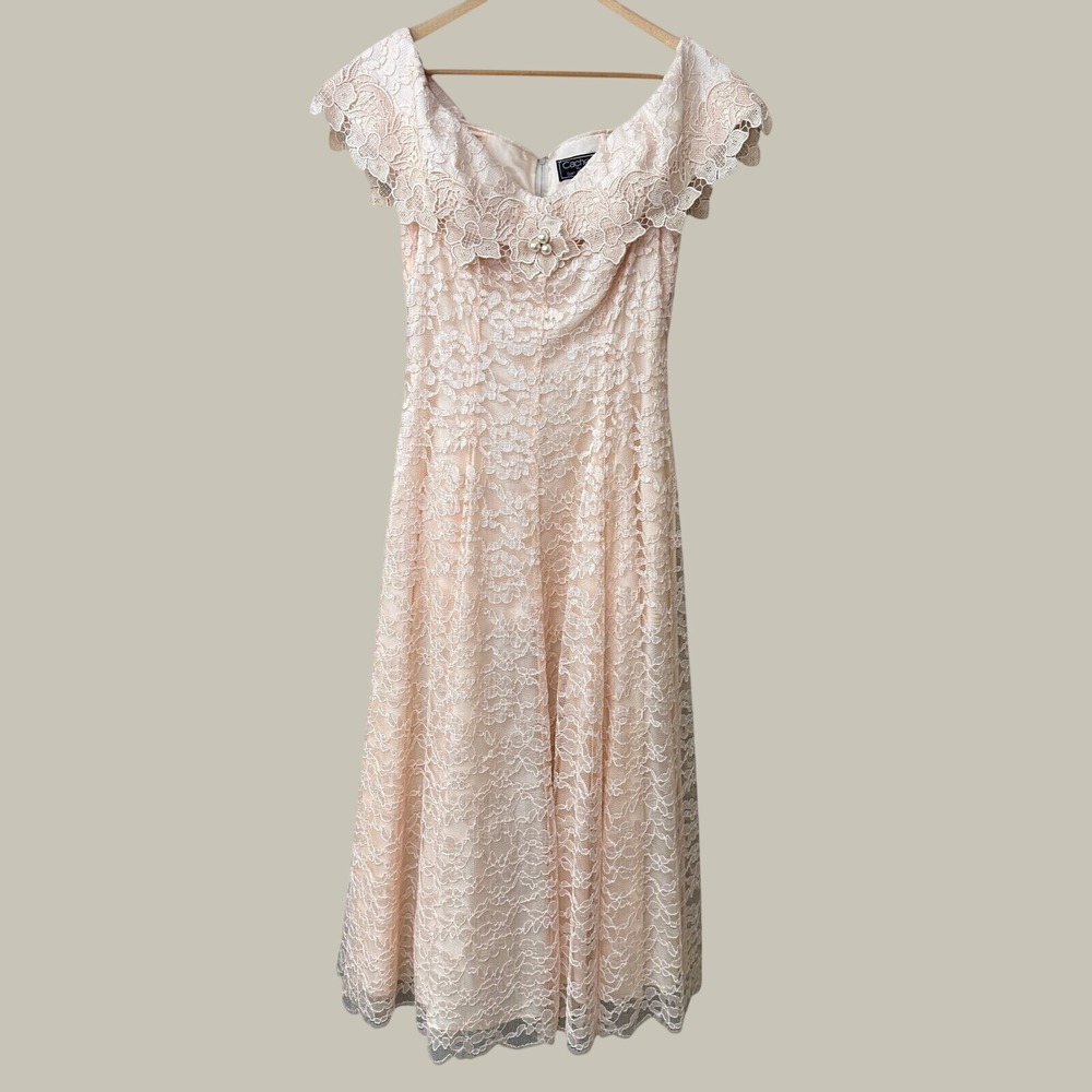 Vintage Cachet Womens Lace Off Shoulder Pearl Midi Dress Size 12 Peach Pink USA